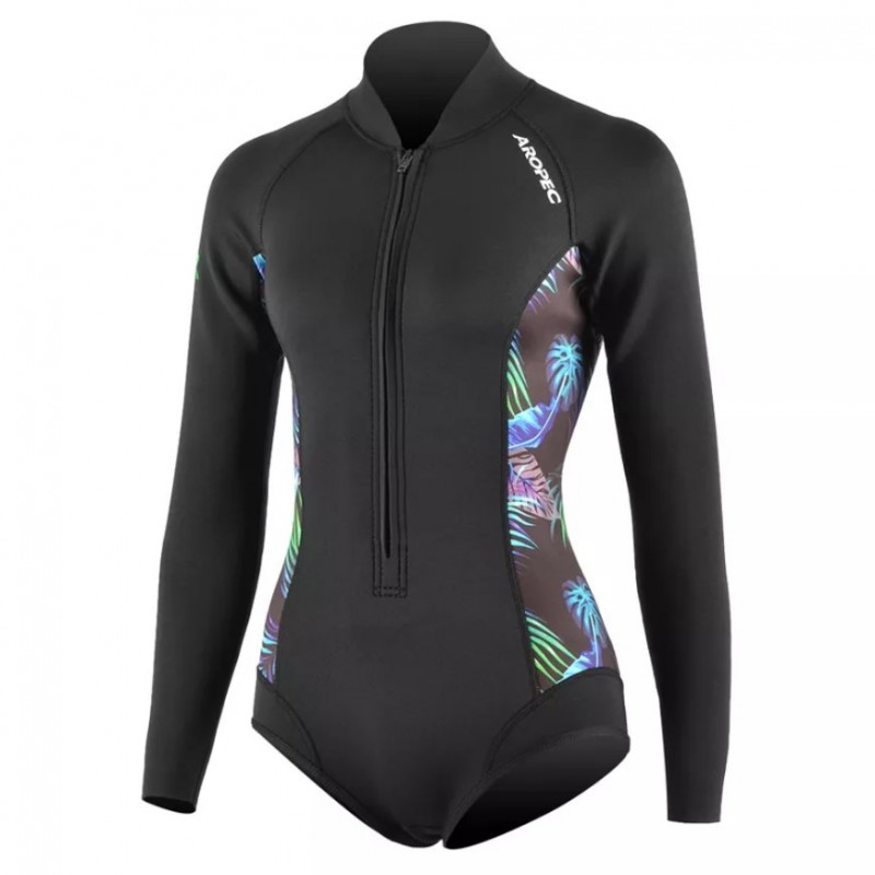 Στολή μαγιό νεοπρέν 2mm Freedive γυναικεία Μαύρη με τύπωμα και φερμουάρ στο στήθος Aropec (surfDS-6B147W-2MM-BK)