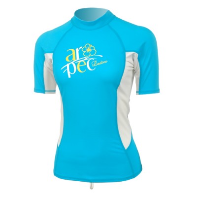 UV αντηλιακή λύκρα με κοντό μανίκι Γυναικεία Στενή εφαρμογή Άσπρη/Τιρκουάζ - Aropec (surfSS-3K66W-TQ)