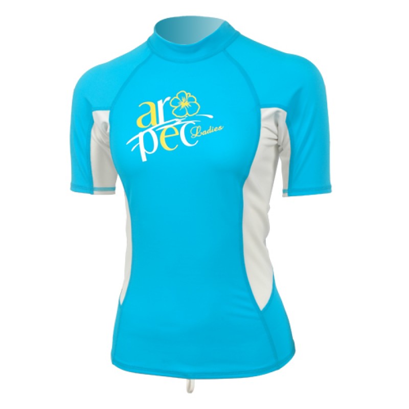 UV αντηλιακή λύκρα με κοντό μανίκι Γυναικεία Στενή εφαρμογή Άσπρη/Τιρκουάζ - Aropec (surfSS-3K66W-TQ)